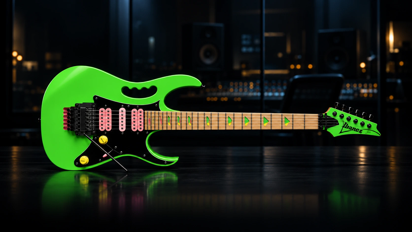 Green Jem 103 with its green body, pink pickups and maple neck in a dark recording studio.
